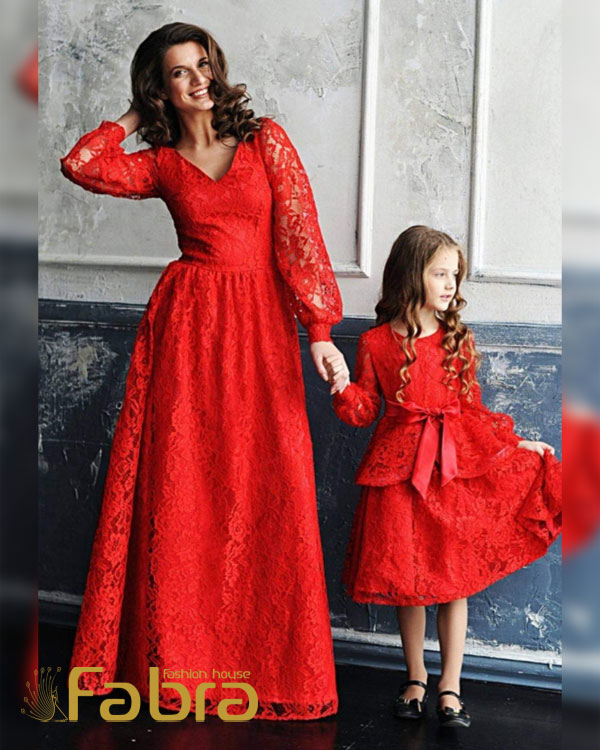 لباس مجلسی پوشیده ست مادر دختری دانتل قرمز 8