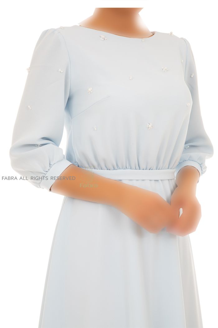 خرید و عکس از نزدیک لباس بله برون و مجلسی آستین سه ربع یقه گرد پوشیده با قد MIDI کاملا دخترانه و ساده مدل ماگنولیا