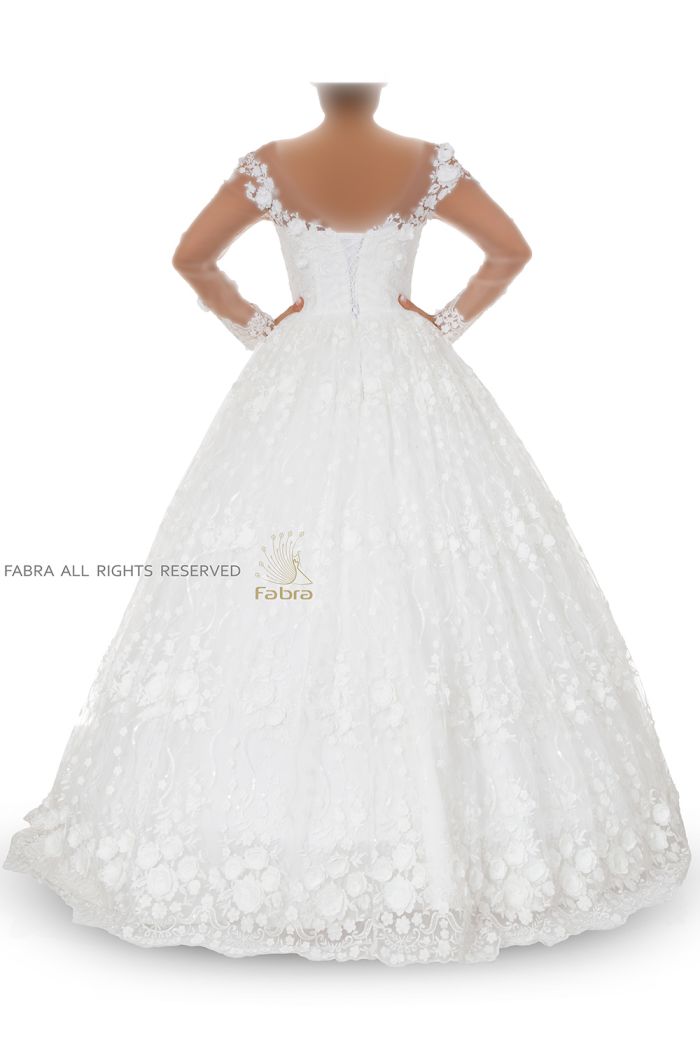 قیمت و خرید لباس عروس آستین بلند اسکارلت گیپور شکوفه برجسته مدل شانا از بهترین مزون و برند